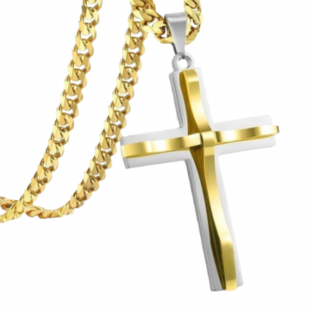 Lantisor Cuban Chain simplu cu pandantiv in forma de cruce iesita in relief, otel inoxidabil, placat cu aur 18k, Tessero, auriu [1]