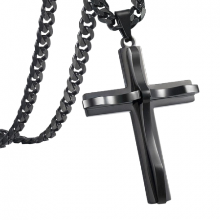 Lantisor Cuban Chain simplu cu pandantiv in forma de cruce iesita in relief, otel inoxidabil, placat cu aur 18k, Tessero, negru [1]