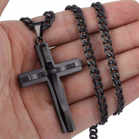 Bijuterii barbati - Lantisor Cuban Chain simplu cu pandantiv in forma de cruce iesita in relief, otel inoxidabil, placat cu aur 18k, Tessero, negru