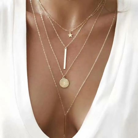 Lantisor de dama cu 4 straturi, diferite modele geometrice, model steluta, placat cu aur 14K, Tessero, auriu [3]