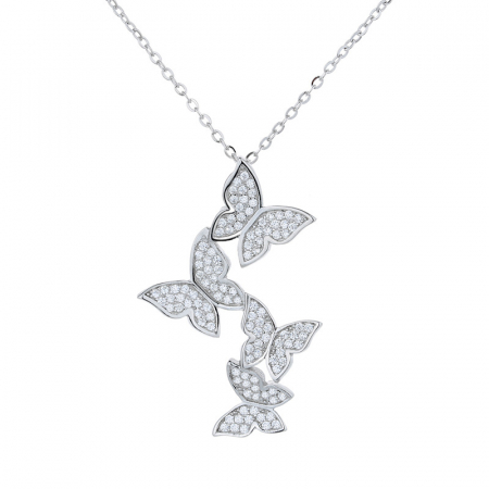 Bijuterii dama - Lantisor de dama cu model in forma de fluturi, pietre zirconiu, placat cu argint, Tessero, argintiu