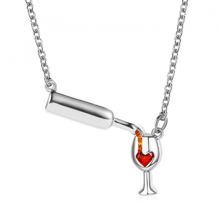 Bijuterii dama - Lantisor de dama cu pandantiv creativ in forma de sticla de vin si pahar, placat cu argint, piatra zirconiu, Tessero, argintiu