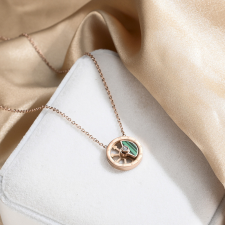 Lantisor de dama cu pandantiv din piatra semipretioasa, malachit, fidget rotativ, model cu cifre romane, placat cu aur 18K, otel inoxidabil, rose gold [1]