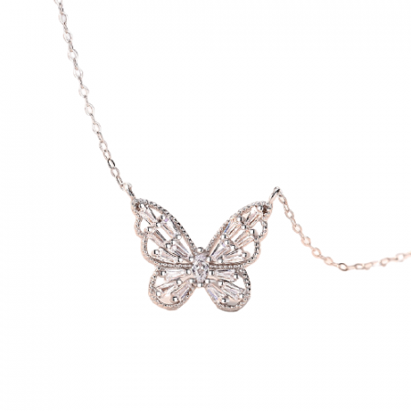 Bijuterii dama - Lantisor de dama cu pandantiv in forma de fluture din otel inoxidabil, placat cu argint, pietricele din zirconiu, lungime 45 cm, argintiu