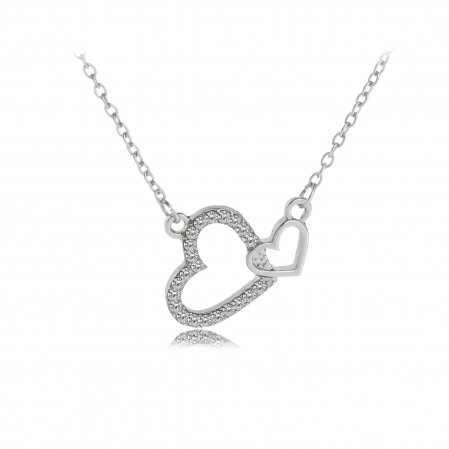 Bijuterii dama - Lantisor de dama cu pandantiv in forma de inimioare, placat cu argint, pietricele din zirconiu, lungime 45+5cm, argintiu