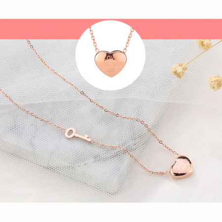 Lantisor de dama cu pandantiv inima si cheita "Love forever", otel inoxidabil, placat cu aur, rose gold [2]