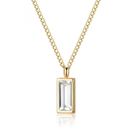 Bijuterii dama - Lantisor de dama finut, model cu piatra zirconiu dreptunghiulara cu efect de cristal Sapphire, otel inoxidabil placat cu aur 18K, Tessero, auriu si alb
