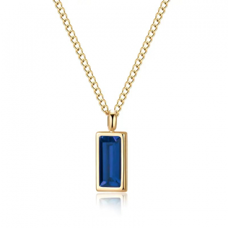 Bijuterii dama - Lantisor de dama finut, model cu piatra zirconiu dreptunghiulara cu efect de cristal Sapphire, otel inoxidabil placat cu aur 18K, Tessero, auriu si albastru