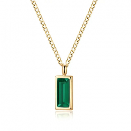 Bijuterii dama - Lantisor de dama finut, model cu piatra zirconiu dreptunghiulara cu efect de cristal Sapphire, otel inoxidabil placat cu aur 18K, Tessero, auriu si verde