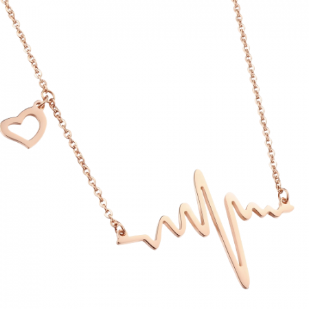Bijuterii dama - Lantisor de dama, model electrocardiograma, inimioara cu puls, otel inoxidabil, 45 cm, rose gold