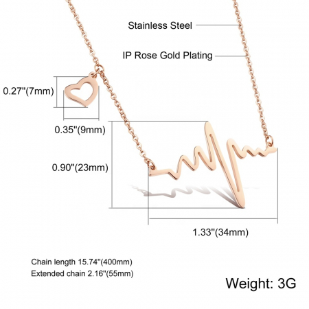 Lantisor de dama, model electrocardiograma, inimioara cu puls, otel inoxidabil, 45 cm, rose gold [2]