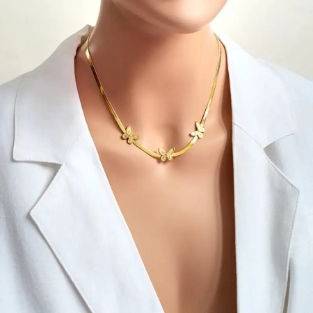 Lantisor de dama model tip Snake cu charm-uri in forma de fluturi, otel inoxdabil, placat cu aur 18K, auriu, Tessero [3]