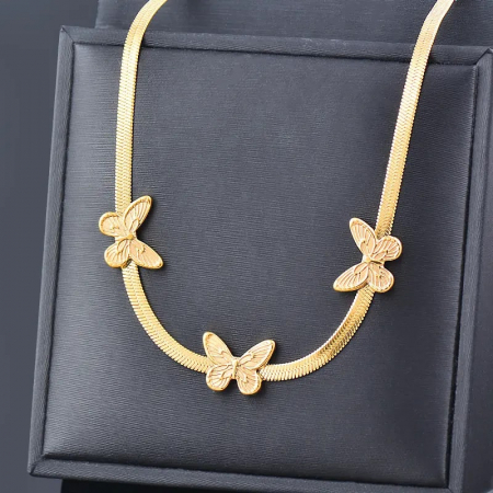 Lantisor de dama model tip Snake cu charm-uri in forma de fluturi, otel inoxdabil, placat cu aur 18K, auriu, Tessero [1]