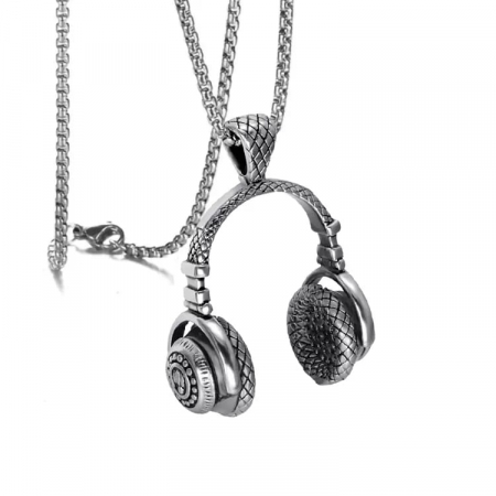 Lantisor de gat design cubic cu pandantiv in forma de casti audio, otel inoxidabil, placat cu argint, Tessero, argintiu [3]