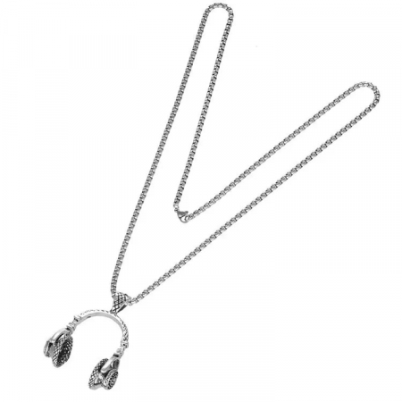 Lantisor de gat design cubic cu pandantiv in forma de casti audio, otel inoxidabil, placat cu argint, Tessero, argintiu [1]