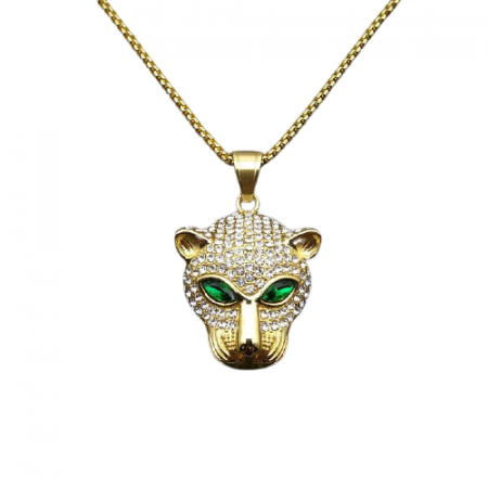 Bijuterii barbati - Lantisor design cubic cu pandantiv cap de leopard, pietre zirconiu, placat cu aur 18K, auriu