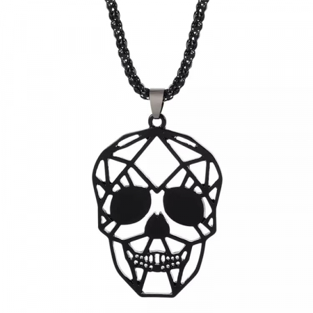 Bijuterii barbati - Lantisor design cubic cu pandantiv in forma de cap de mort geometric, otel inoxdabil, Tessero, negru