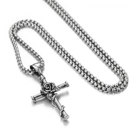 Lantisor design cubic cu pandantiv in forma de cruce cu trandafir, otel inoxidabil, placat cu aur 18k, Tessero, argintiu [2]