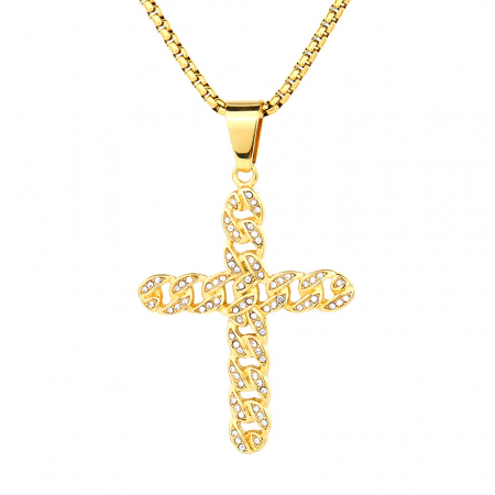 Bijuterii barbati - Lantisor design cubic cu pandantiv in forma de cruce realizata din lant Cuban Chain, pietre zirconiu, otel inoxidabil, placat cu aur 18k, Tessero, auriu