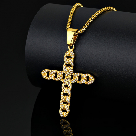 Lantisor design cubic cu pandantiv in forma de cruce realizata din lant Cuban Chain, pietre zirconiu, otel inoxidabil, placat cu aur 18k, Tessero, auriu [2]