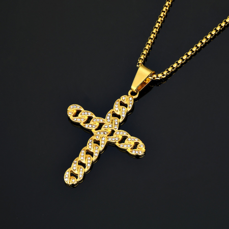 Lantisor design cubic cu pandantiv in forma de cruce realizata din lant Cuban Chain, pietre zirconiu, otel inoxidabil, placat cu aur 18k, Tessero, auriu [1]