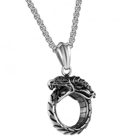 Bijuterii barbati - Lantisor design cubic cu pandantiv in forma de dragon, placat cu argint, Tessero, argintiu
