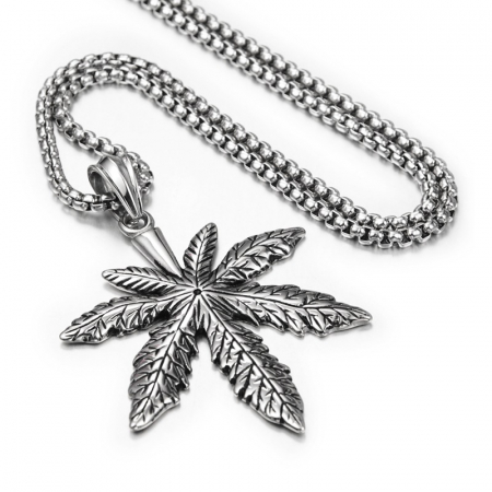Bijuterii barbati - Lantisor design cubic cu pandantiv in forma de planta Marijuana, placat cu argint, Tessero, argintiu