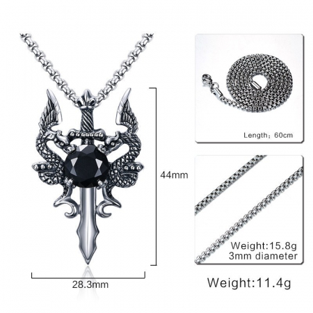 Bijuterii barbati - Lantisor design cubic cu pandantiv in forma de sabie cu blazon, piatra zirconiu negru, placat cu argint, Tessero, argintiu