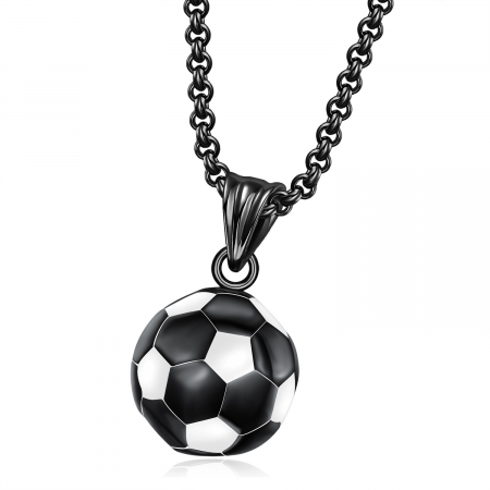 Bijuterii barbati - Lantisor design cubic cu pandantiv rotund in forma de minge de fotbal, otel inoxidabil, placat cu argint, Tessero, negru