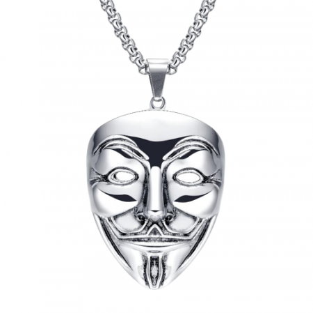 Bijuterii barbati - Lantisor design cubic cu pandantiv Vendetta, model in forma de masca Anonymous, placat cu argint, Tessero, argintiu