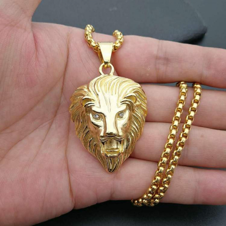 Bijuterii barbati - Lantisor design cubic si lantisor in forma de cap de leu, ochi din zirconiu, placat cu aur 18K, otel inoxidabil, auriu