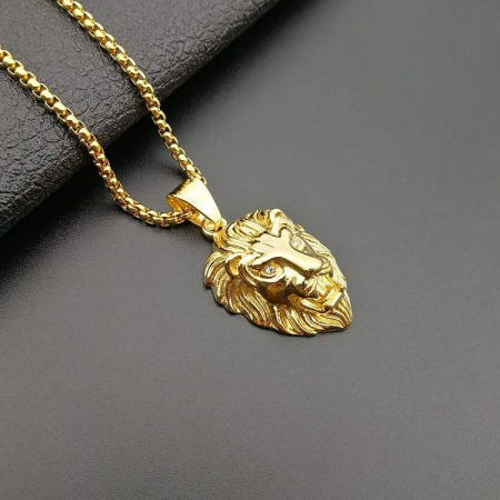 Lantisor design cubic si lantisor in forma de cap de leu, ochi din zirconiu, placat cu aur 18K, otel inoxidabil, auriu [1]