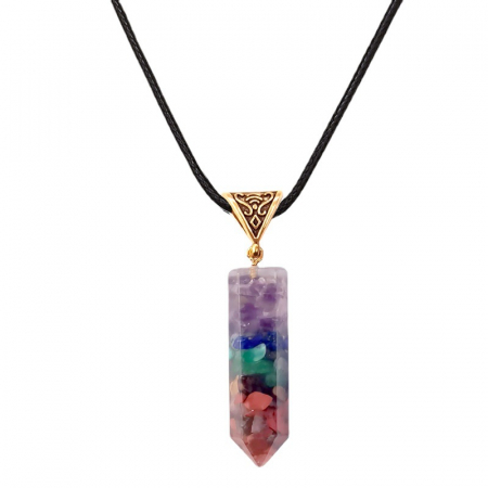 Bijuterii dama - Lantisor din piele cu pandantiv hexagonal din piatra semipretioasa, unisex, multicolor