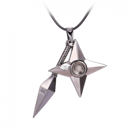 Bijuterii barbati - Lantisor din piele cu pandantiv in forma de Shuriken din desenele animate Naruto, Tessero, negru