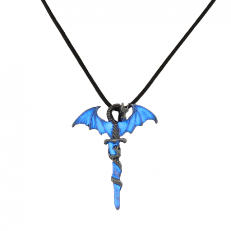 Bijuterii barbati - Lantisor din piele neagra cu pandantiv model in forma de dragon infasurat pe sabie, fosforescent albastru noaptea, Tessero, argintiu