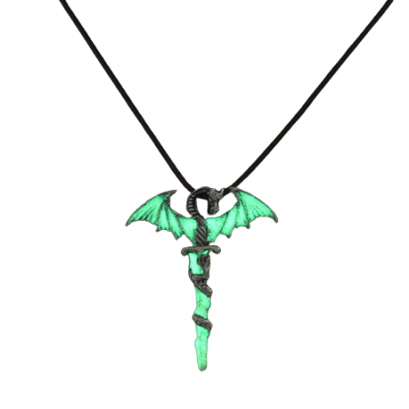 Bijuterii barbati - Lantisor din piele neagra cu pandantiv model in forma de dragon infasurat pe sabie, fosforescent verde noaptea, Tessero, argintiu