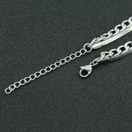 Bijuterii barbati - Lantisor dublu casual, model Snake si Cuban Chain din otel inoxidabil, unisex, Tessero, extensie reglabila, argintiu
