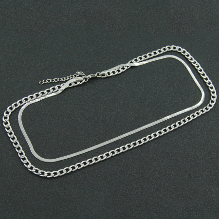 Lantisor dublu casual, model Snake si Cuban Chain din otel inoxidabil, unisex, Tessero, extensie reglabila, argintiu [1]