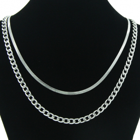 Lantisor dublu casual, model Snake si Cuban Chain din otel inoxidabil, unisex, Tessero, extensie reglabila, argintiu [2]