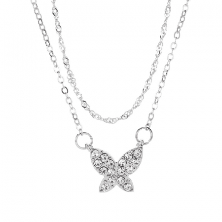 Bijuterii dama - Lantisor dublu de dama cu pandantiv in forma de fluture, placat cu argint, pietricele din zirconiu, lungime 45 cm, argintiu