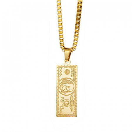 Bijuterii barbati - Lantisor Hip Hop cu pandantiv in forma de bancnota 100 dolari, unisex, placat cu aur 18K, auriu
