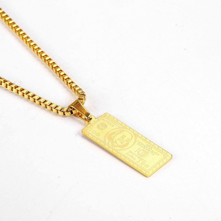 Lantisor Hip Hop cu pandantiv in forma de bancnota 100 dolari, unisex, placat cu aur 18K, auriu [1]