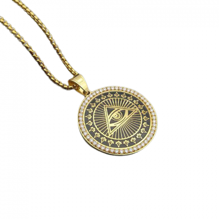 Bijuterii barbati - Lantisor Hip Hop design cubic cu pandantiv in forma de moneda cu semn Illuminati, piramida si ochi, otel inoxidabil, placat cu aur 18K, pietre zirconiu, Tessero, auriu