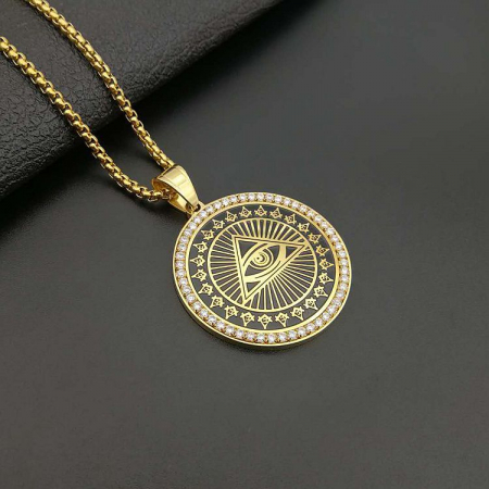 Lantisor Hip Hop design cubic cu pandantiv in forma de moneda cu semn Illuminati, piramida si ochi, otel inoxidabil, placat cu aur 18K, pietre zirconiu, Tessero, auriu [1]