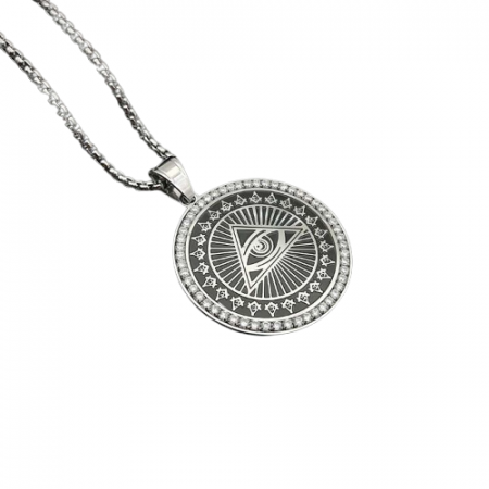 Bijuterii barbati - Lantisor Hip Hop design cubic cu pandantiv in forma de moneda cu semn Illuminati, piramida si ochi, otel inoxidabil, placat cu aur 18K, pietre zirconiu, Tessero, argintiu