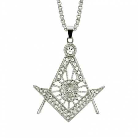 Lantisor Hip Hop design cubic cu pandantiv in forma de semn masonic, otel inoxidabil, placat cu aur 18K, pietre zirconiu, Tessero, argintiu [1]