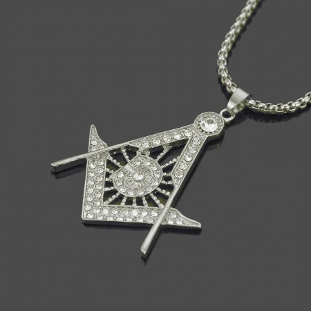 Bijuterii barbati - Lantisor Hip Hop design cubic cu pandantiv in forma de semn masonic, otel inoxidabil, placat cu aur 18K, pietre zirconiu, Tessero, argintiu