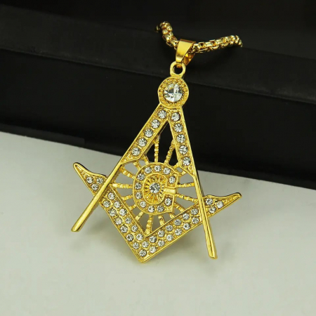 Lantisor Hip Hop design cubic cu pandantiv in forma de semn masonic, otel inoxidabil, placat cu aur 18K, pietre zirconiu, Tessero, auriu [1]
