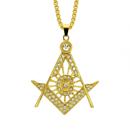 Lantisor Hip Hop design cubic cu pandantiv in forma de semn masonic, otel inoxidabil, placat cu aur 18K, pietre zirconiu, Tessero, auriu [2]