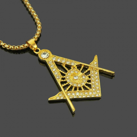 Bijuterii barbati - Lantisor Hip Hop design cubic cu pandantiv in forma de semn masonic, otel inoxidabil, placat cu aur 18K, pietre zirconiu, Tessero, auriu